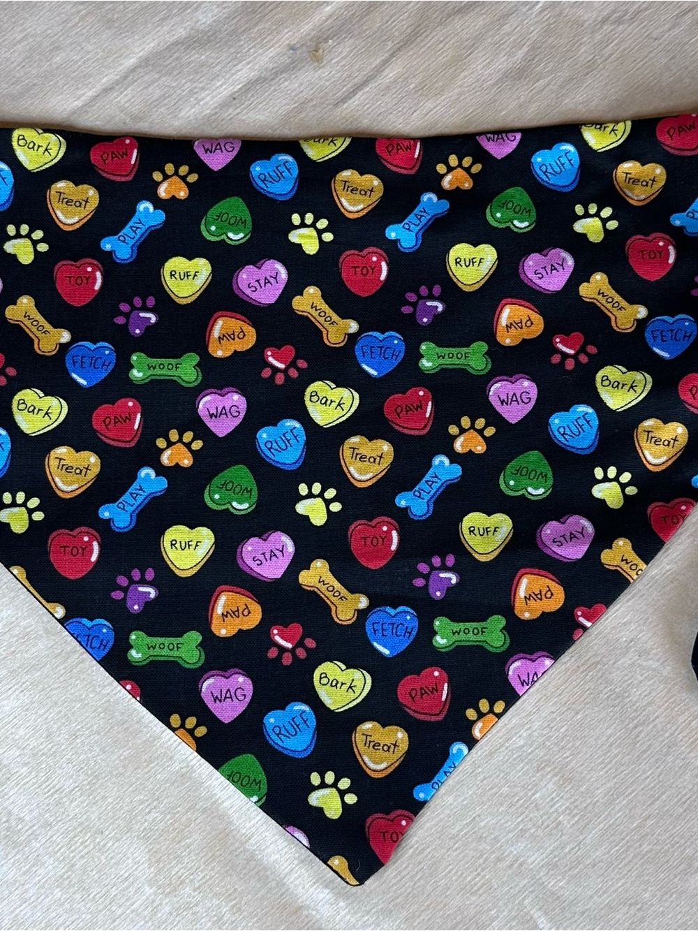 Dog Scarf - Black Multi-Color Paw & Treat Print - Size Small
